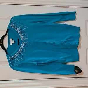 Loft aqua blue cardigan with white bead embellishments